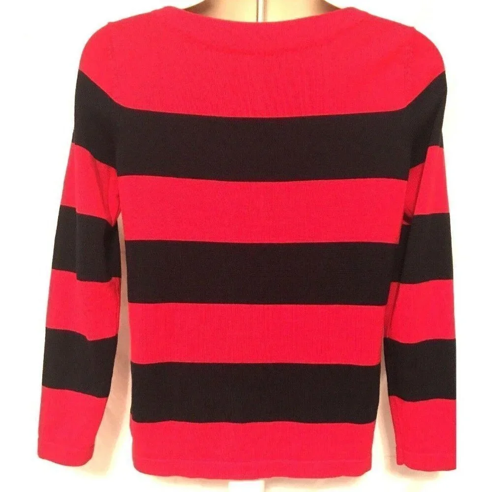 Tommy Hilfiger TH Red Blue Striped Fitted Pullover Sweater Medium Stretch Logo